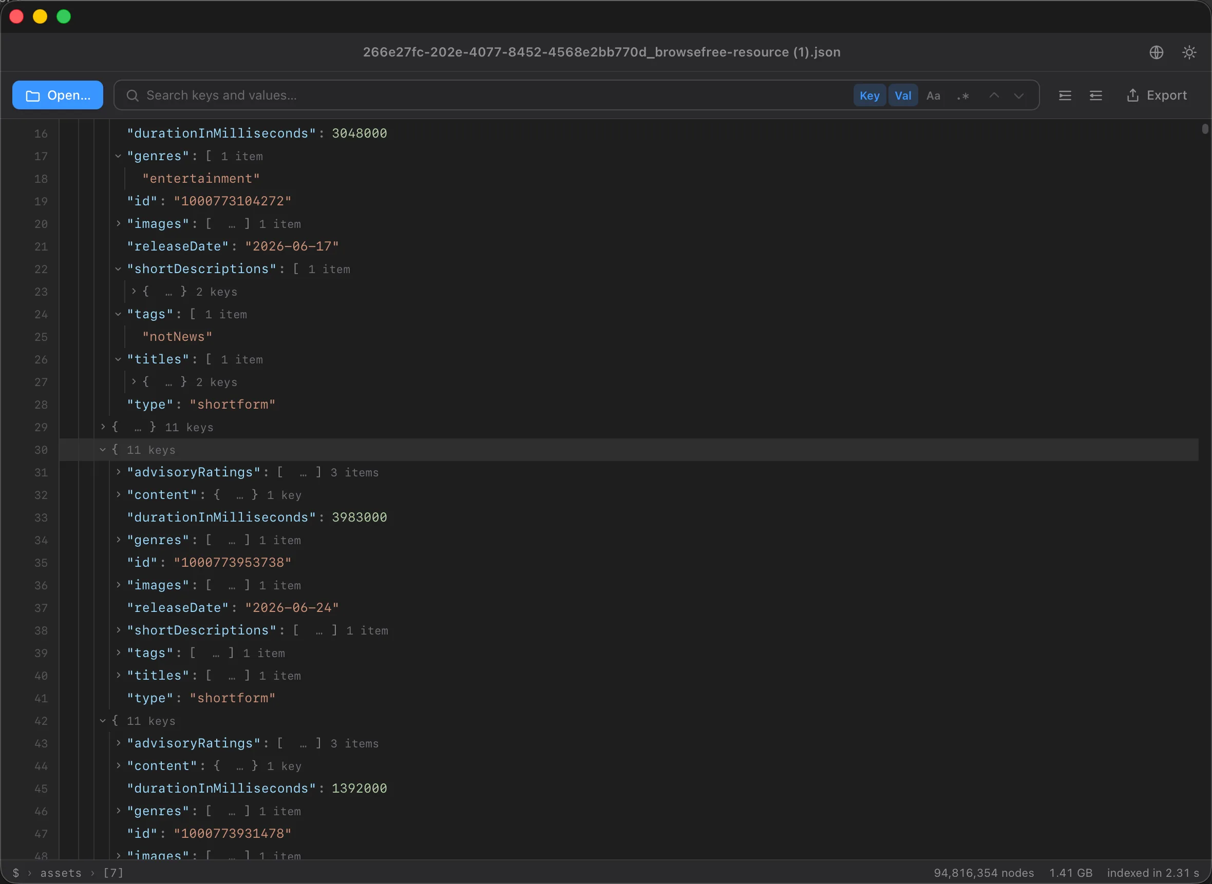 BigJSON on macOS showing a 1.41 GB JSON file with 94 million nodes opened in 2.3 seconds as a syntax-highlighted collapsible tree